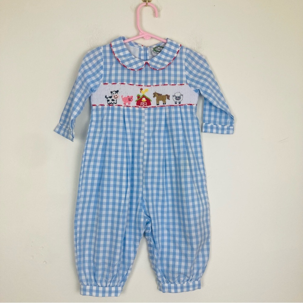 Cecil & Lou blue and white gingham long sleeve smocked farm theme bubble. 18m